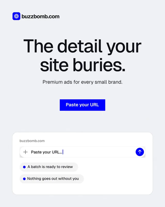 Instagram portrait post for BuzzBomb: "The detail your site buries." Swiss style, centred layout, light palette in white, blue.