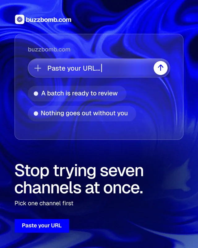 Instagram portrait post for BuzzBomb: "Stop trying seven channels at once." Swiss style, bottom layout, dark palette in blue.