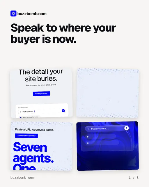 Carousel for BuzzBomb: "Speak to where your buyer is now.". Collection carousel, 8 slides, light palette.