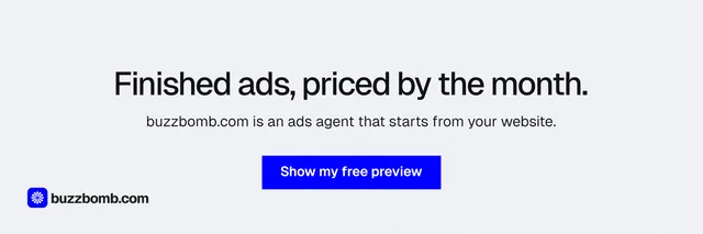X header for BuzzBomb: "Finished ads, priced by the month." Swiss style, centred layout, light palette in white, blue.