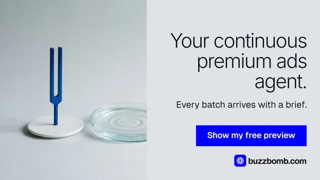 Landscape graphic for BuzzBomb: "Your continuous premium ads agent." Swiss style, right layout, light palette in white, grey, blue.