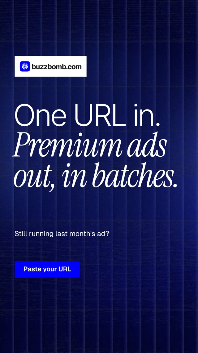 Instagram story for BuzzBomb: "One URL in. Premium ads out, in batches." Swiss style, announce layout, dark palette in black, blue, grey.