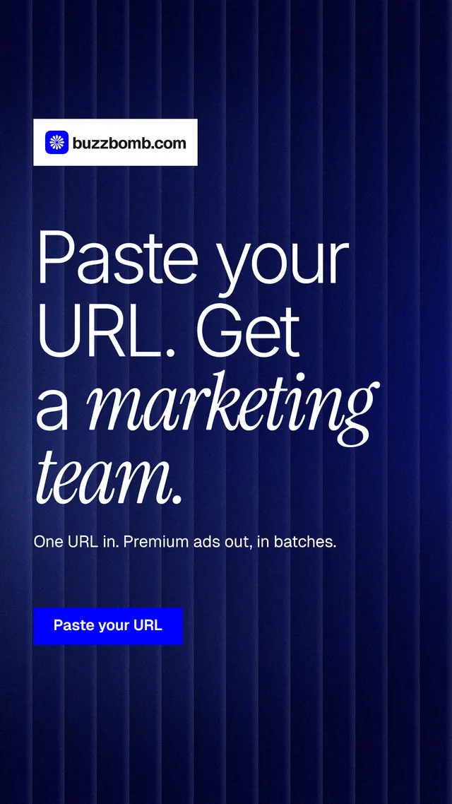 Instagram story for BuzzBomb: "Paste your URL. Get a marketing team." Swiss style, announce layout, dark palette in black, blue, grey.