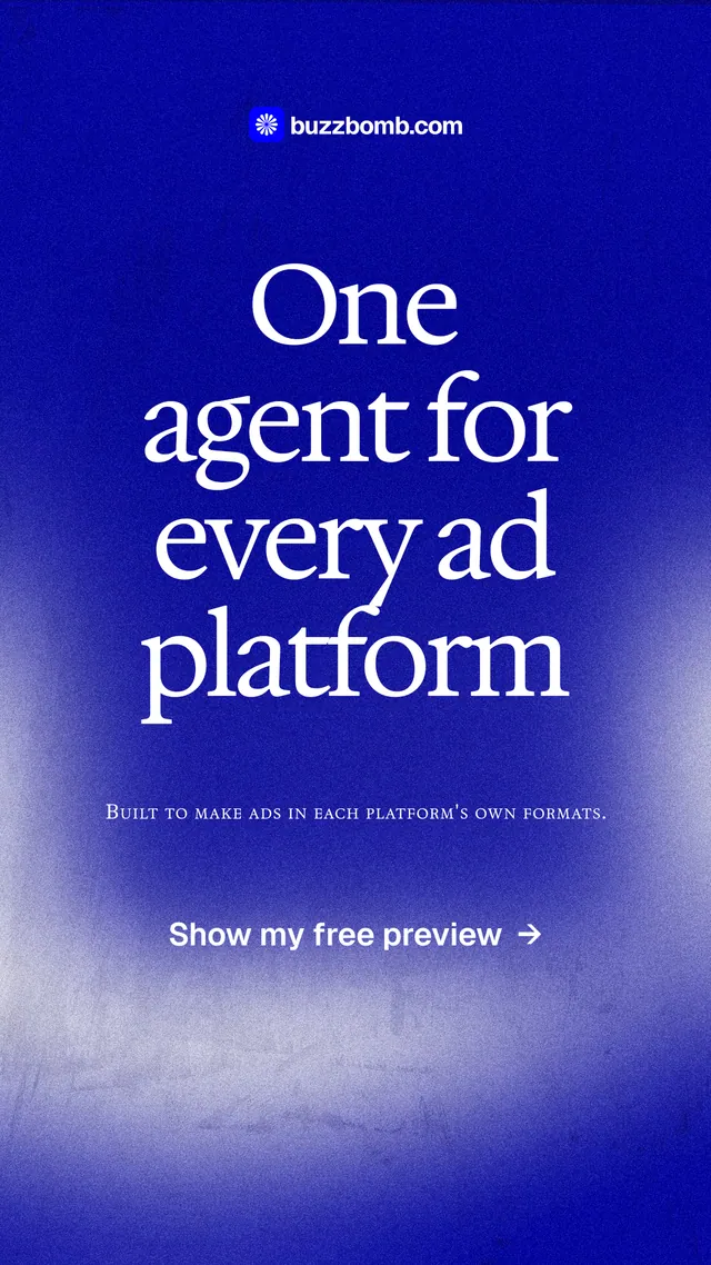 Instagram story for BuzzBomb: "One agent for every ad platform". Cyanotype style, smallcaps layout, dark palette in blue.