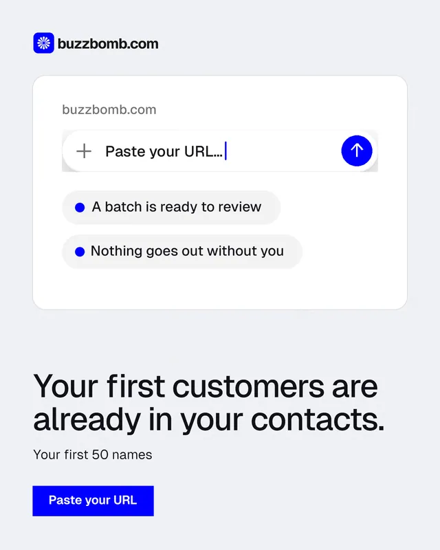 Instagram portrait post for BuzzBomb: "Your first customers are already in your contacts." Swiss style, bottom layout, light palette in white, blue.