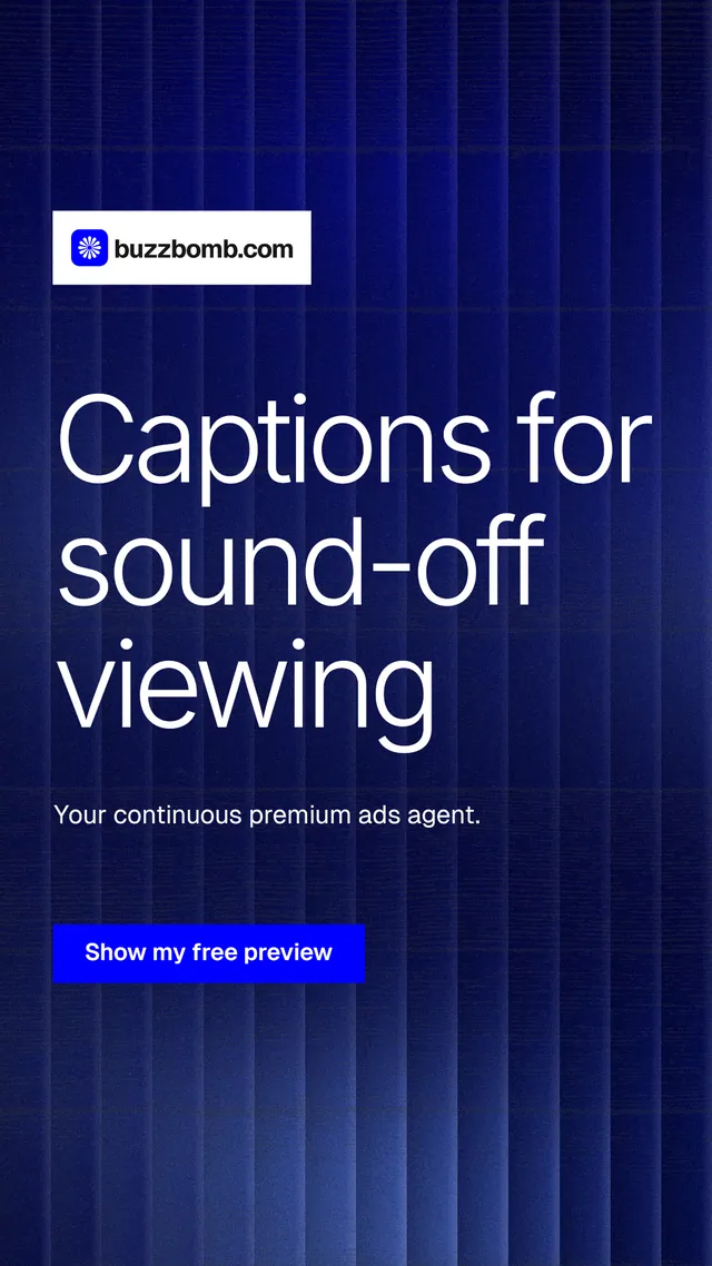 Instagram story for BuzzBomb: "Captions for sound-off viewing". Swiss style, announce layout, dark palette in blue.