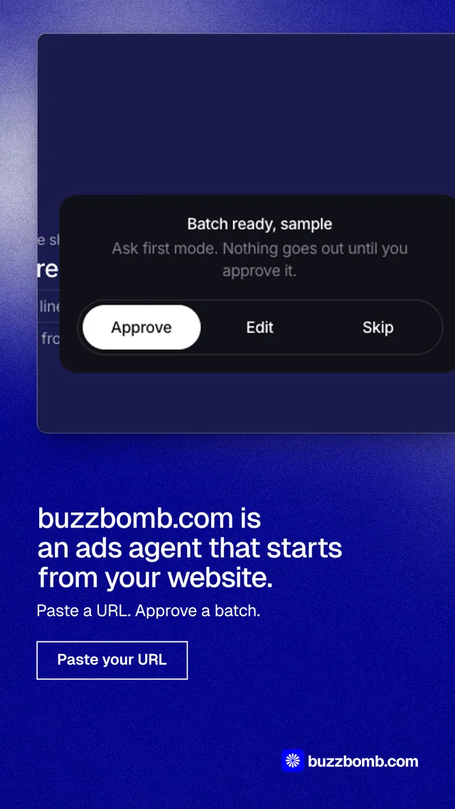 Instagram story for BuzzBomb: "buzzbomb.com is an ads agent that starts from your website." Cyanotype style, bottom layout, dark palette in blue.