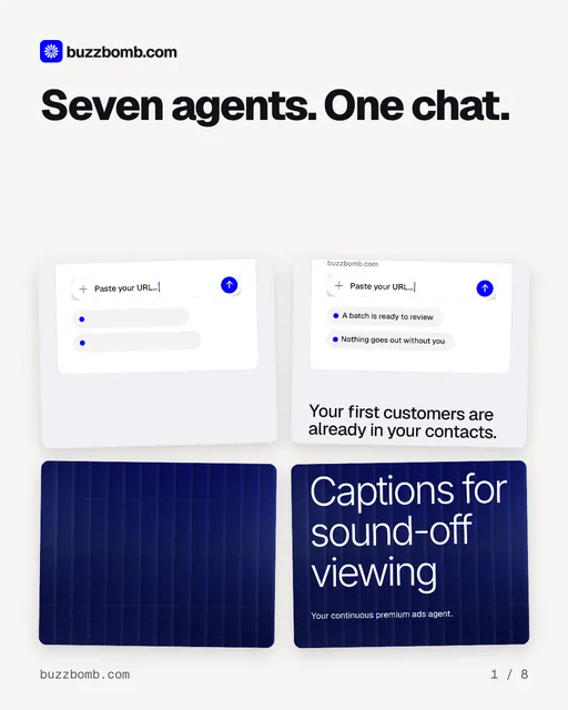 Carousel for BuzzBomb: "Seven agents. One chat.". Collection carousel, 8 slides, light palette.