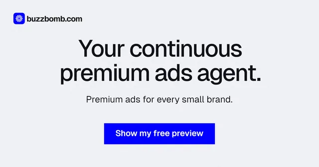 Social ad for BuzzBomb: "Your continuous premium ads agent." Swiss style, centred layout, light palette in white, blue.