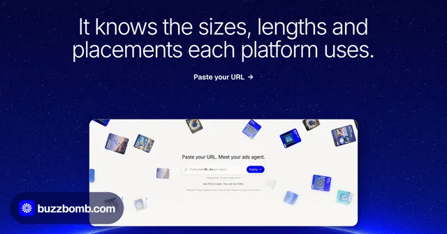 Social ad for BuzzBomb: "It knows the sizes, lengths and placements each platform uses." Swiss style, ogui layout, dark palette in blue, white.
