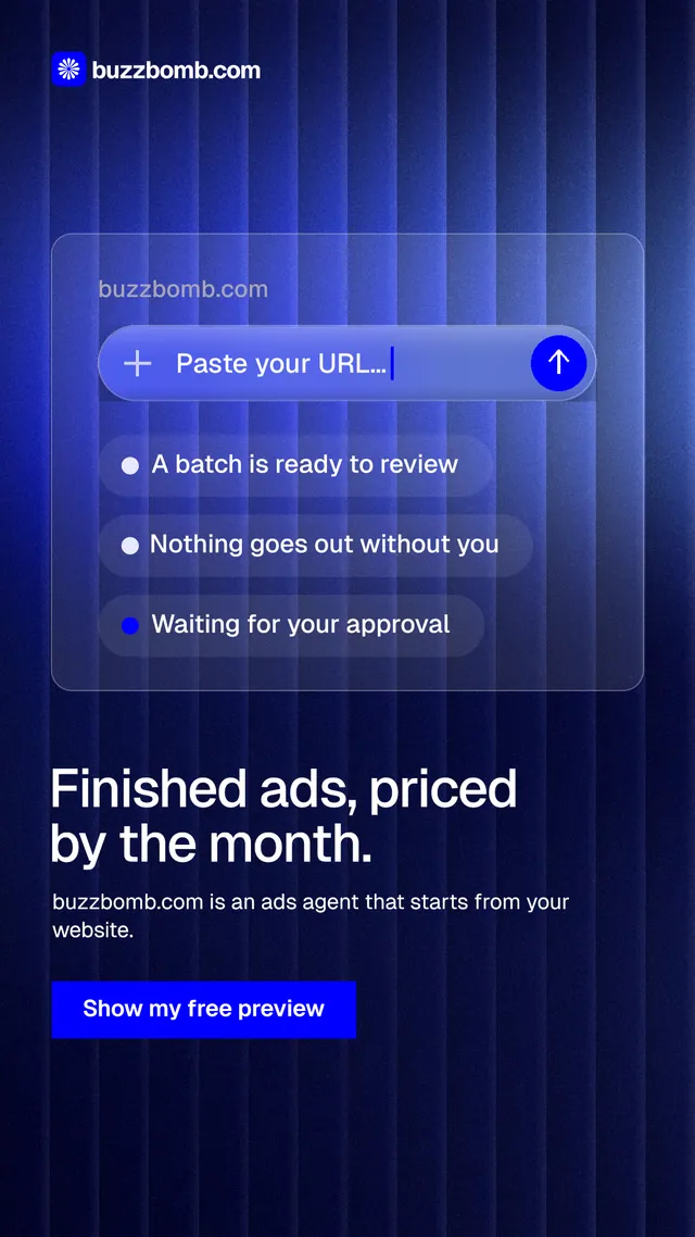 Instagram story for BuzzBomb: "Finished ads, priced by the month." Swiss style, bottom layout, dark palette in blue, black.