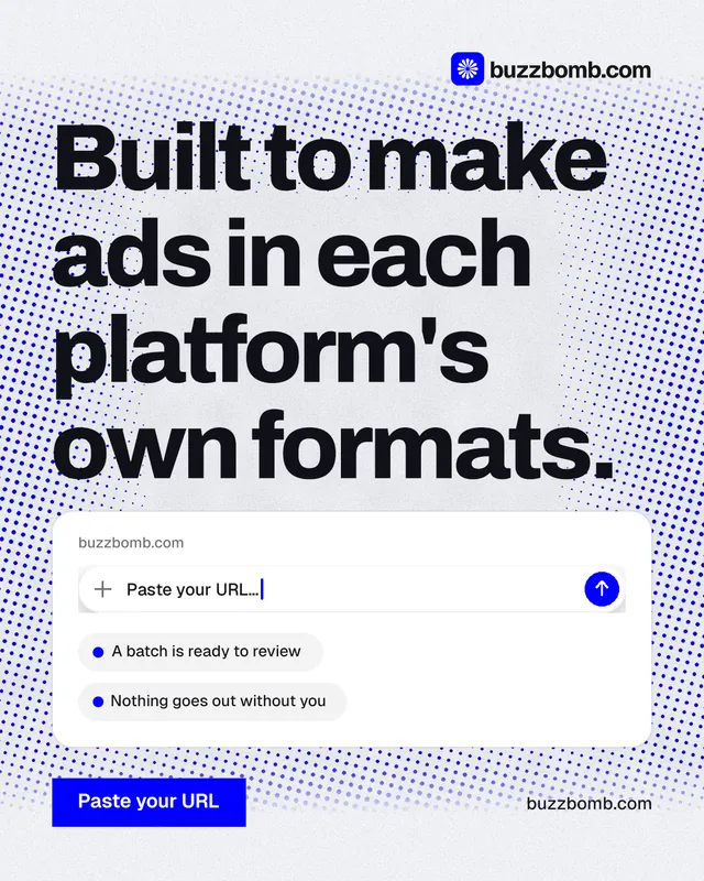 Instagram portrait post for BuzzBomb: "Built to make ads in each platform's own formats." Swiss style, poster layout, light palette in blue, white, grey.