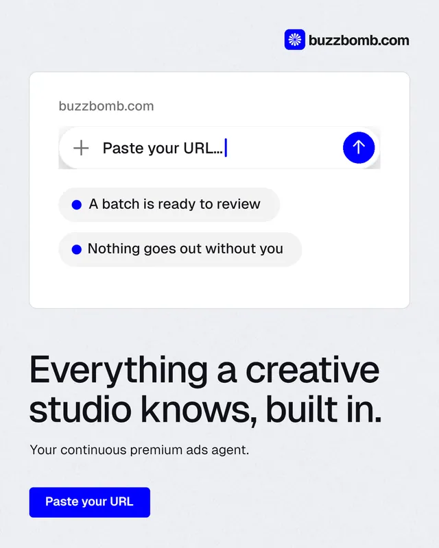Instagram portrait post for BuzzBomb: "Everything a creative studio knows, built in." Data card style, bottom layout, light palette in white, blue.