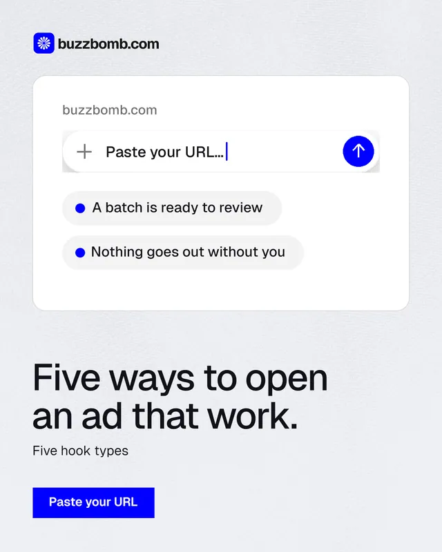 Instagram portrait post for BuzzBomb: "Five ways to open an ad that work." Swiss style, bottom layout, light palette in white, blue.