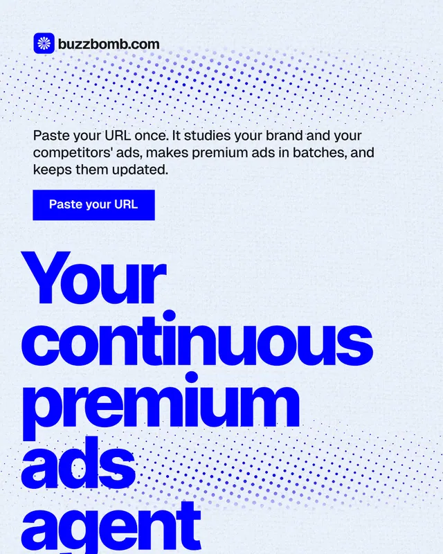 Instagram portrait post for BuzzBomb: "Your continuous premium ads agent." Swiss style, oversized layout, light palette in white, blue.