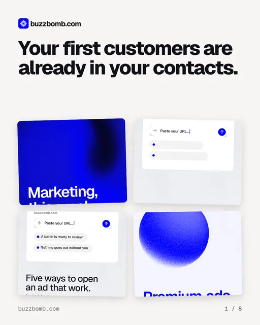 Carousel for BuzzBomb: "Your first customers are already in your contacts.". Collection carousel, 8 slides, light palette.