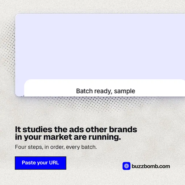Instagram post for BuzzBomb: "It studies the ads other brands in your market are running." Ink sticker style, bottom layout, light palette in white, grey.