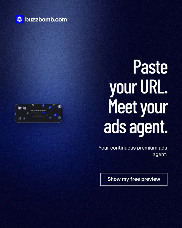 Instagram portrait post for BuzzBomb: "Paste your URL. Meet your ads agent." Dark deco style, right layout, dark palette in black, blue.