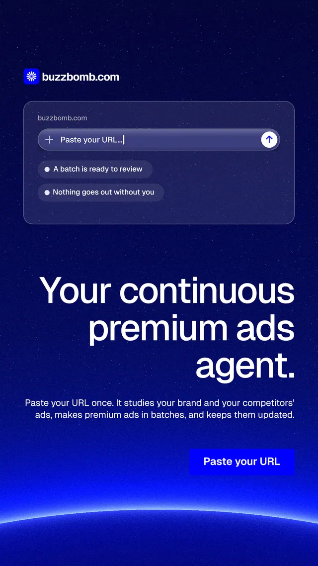 Instagram story for BuzzBomb: "Your continuous premium ads agent." Swiss style, right layout, dark palette in blue.