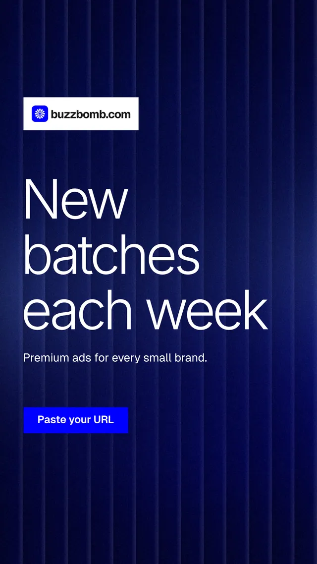 Instagram story for BuzzBomb: "New batches each week". Swiss style, announce layout, dark palette in black, blue, grey.