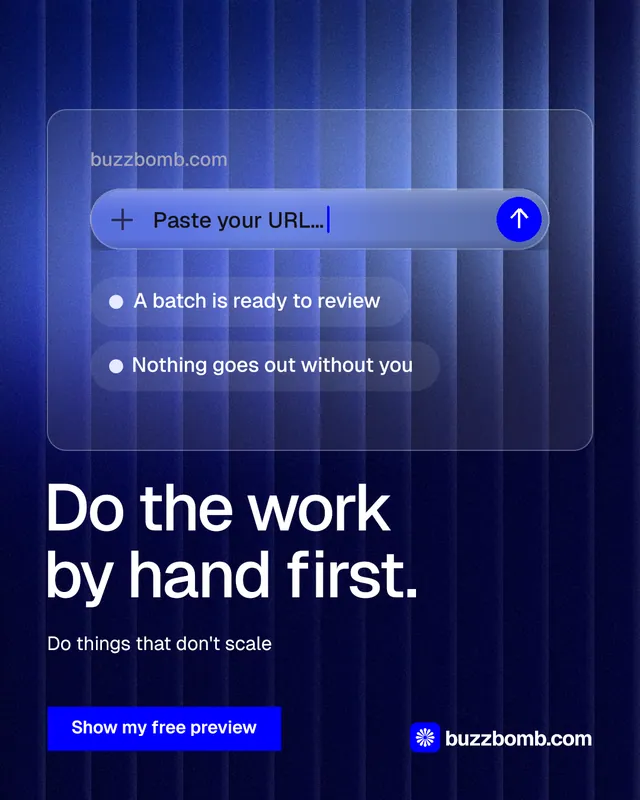 Instagram portrait post for BuzzBomb: "Do the work by hand first." Swiss style, bottom layout, dark palette in blue, black.