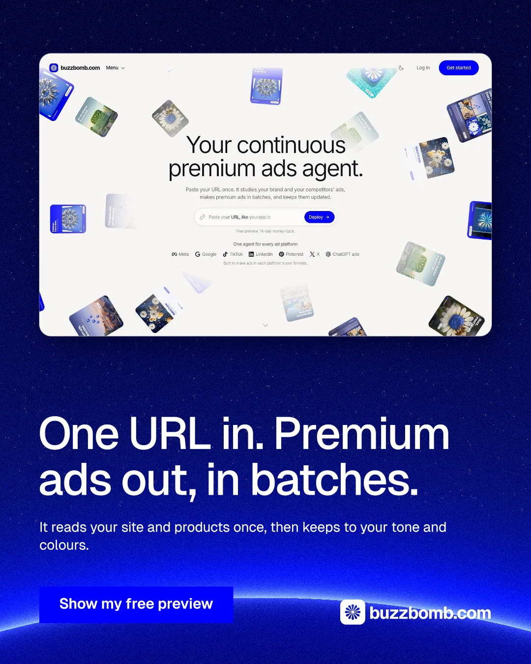 Instagram portrait post for BuzzBomb: "One URL in. Premium ads out, in batches." Swiss style, bottom layout, dark palette in blue, white.