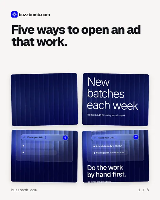 Carousel for BuzzBomb: "Five ways to open an ad that work.". Collection carousel, 8 slides, light palette.