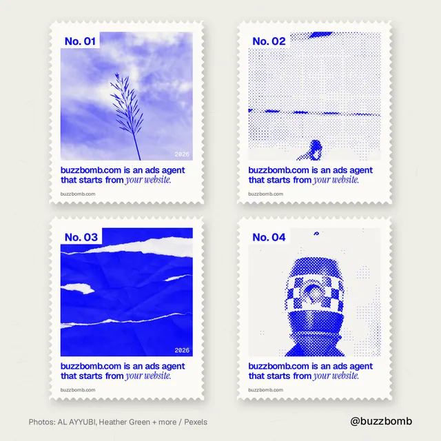 Instagram post for BuzzBomb: "buzzbomb.com is an ads agent that starts from your website." Sheet style, technique:stamp series layout, light palette in yellow, white, blue.