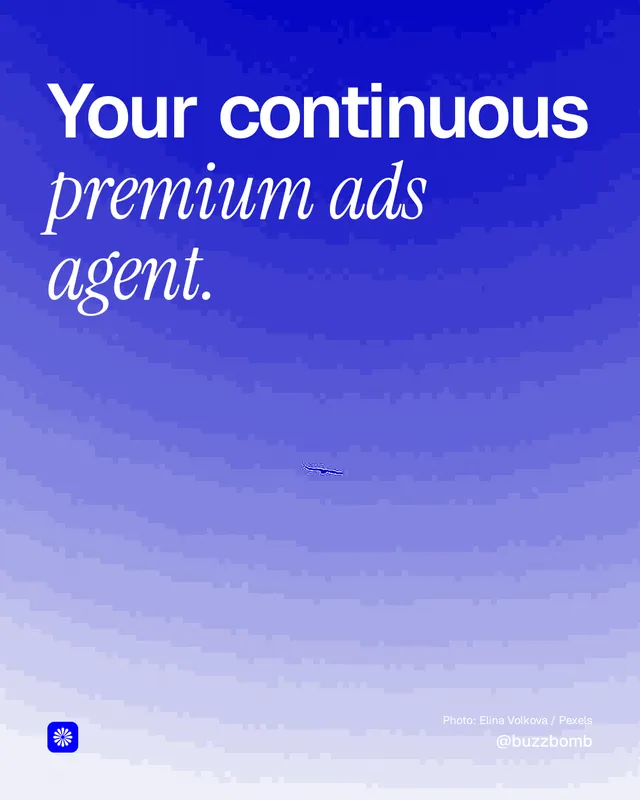 Instagram portrait post for BuzzBomb: "Your continuous premium ads agent." Duotone style, technique:pexels ingredient layout, light palette in blue.