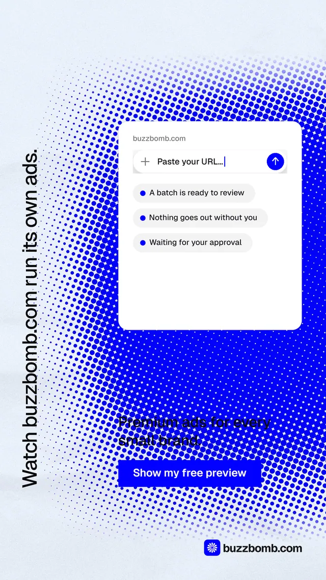 Instagram story for BuzzBomb: "Watch buzzbomb.com run its own ads." Swiss style, vertical layout, light palette in blue, white.