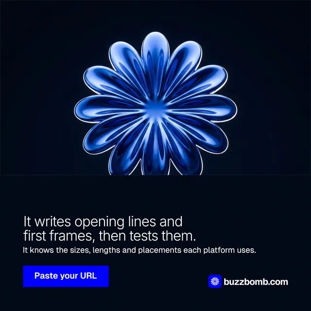 Instagram post for BuzzBomb: "It writes opening lines and first frames, then tests them." Swiss style, bottom layout, dark palette in black, blue.