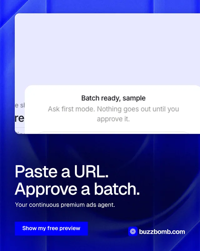 Instagram portrait post for BuzzBomb: "Paste a URL. Approve a batch." Swiss style, bottom layout, light palette in white, blue.