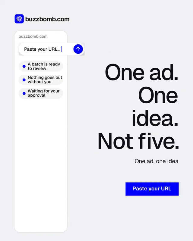 Instagram portrait post for BuzzBomb: "One ad. One idea. Not five." Swiss style, right layout, light palette in white, blue.