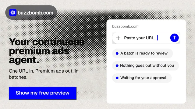 Landscape graphic for BuzzBomb: "Your continuous premium ads agent." Ink sticker style, bottom layout, light palette in white, blue, grey.
