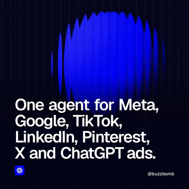 Video for BuzzBomb: "One agent for Meta, Google, TikTok, LinkedIn, Pinterest, X and ChatGPT ads.". Shader loop, 6.0 s, dark palette.