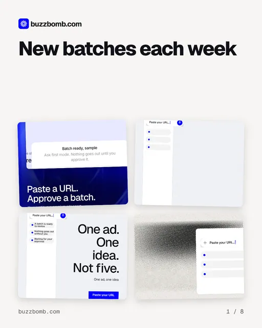 Carousel for BuzzBomb: "New batches each week". Collection carousel, 8 slides, light palette.