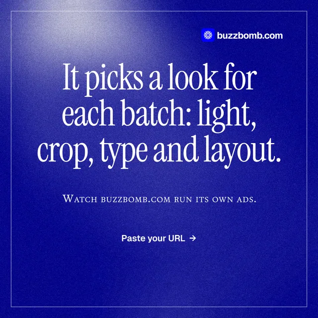 Instagram post for BuzzBomb: "It picks a look for each batch: light, crop, type and layout." Editorial style, smallcaps layout, dark palette in blue.