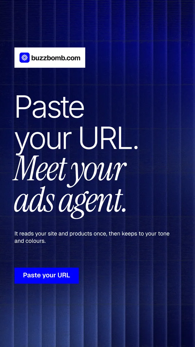 Instagram story for BuzzBomb: "Paste your URL. Meet your ads agent." Swiss style, announce layout, dark palette in blue, grey.