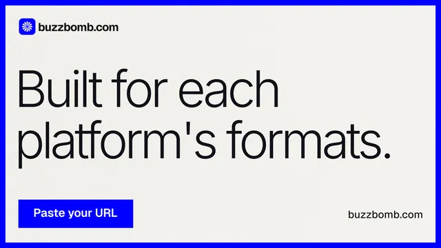 Landscape graphic for BuzzBomb: "Built for each platform's formats." Swiss style, poster layout, light palette in white, blue.