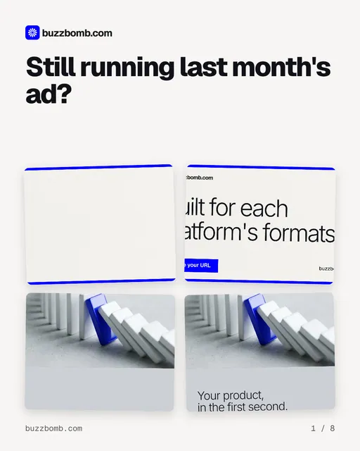 Carousel for BuzzBomb: "Still running last month's ad?". Collection carousel, 8 slides, light palette.