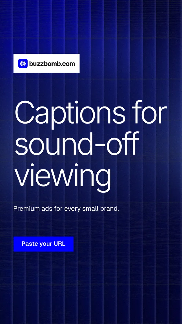 Instagram story for BuzzBomb: "Captions for sound-off viewing". Swiss style, announce layout, dark palette in blue.