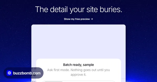 Social ad for BuzzBomb: "The detail your site buries." Swiss style, ogui layout, light palette in blue, white.