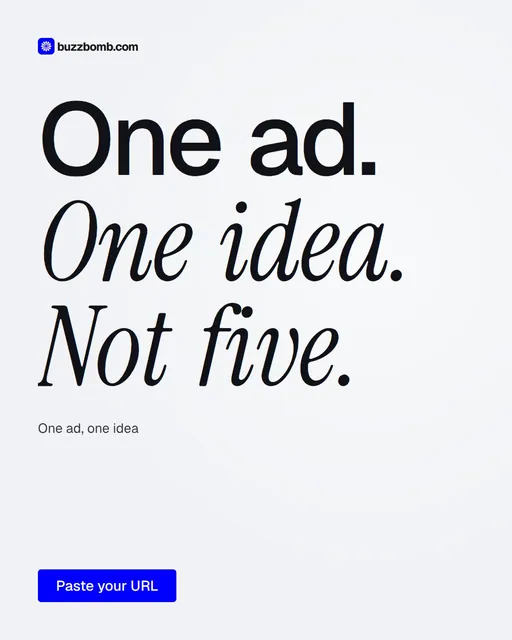 Video for BuzzBomb: "One ad. One idea. Not five.". Doc motion loop, 7.0 s, light palette.
