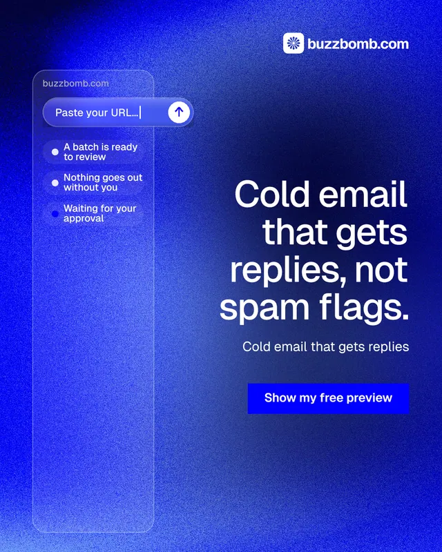 Instagram portrait post for BuzzBomb: "Cold email that gets replies, not spam flags." Swiss style, right layout, dark palette in blue.