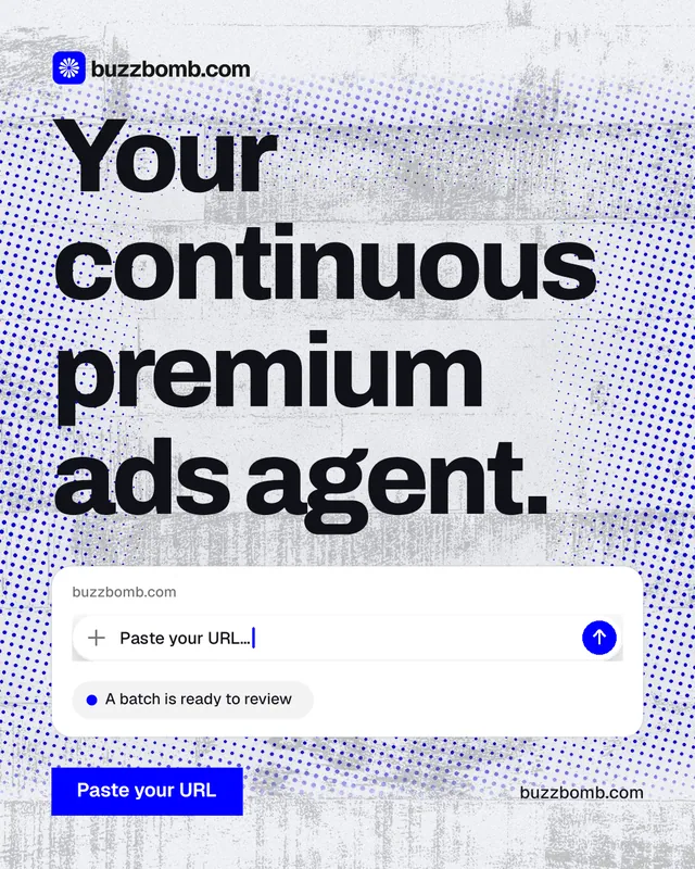 Instagram portrait post for BuzzBomb: "Your continuous premium ads agent." Swiss style, poster layout, light palette in white, blue, grey.