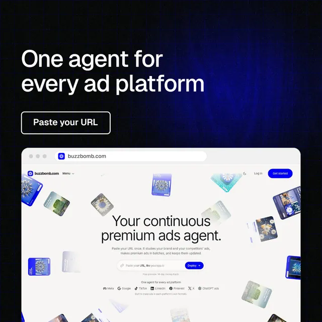 Instagram post for BuzzBomb: "One agent for every ad platform". Phosphor atlas style, browser layout, light palette in white, black, grey.