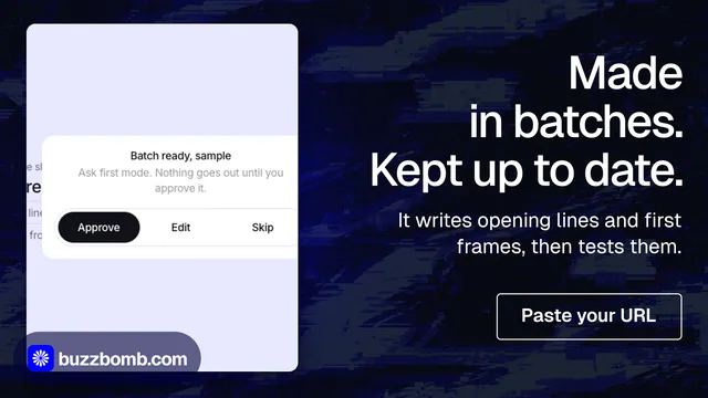 Landscape graphic for BuzzBomb: "Made in batches. Kept up to date." Phosphor atlas style, right layout, dark palette in blue, black, white.