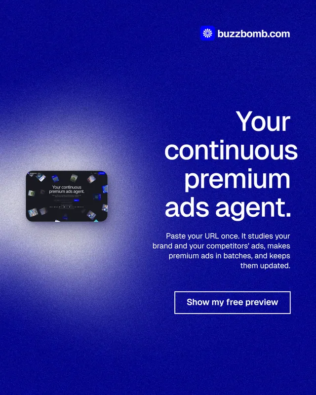 Instagram portrait post for BuzzBomb: "Your continuous premium ads agent." Cyanotype style, right layout, dark palette in blue.
