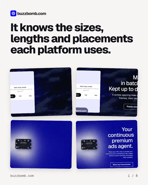 Carousel for BuzzBomb: "It knows the sizes, lengths and placements each platform uses.". Collection carousel, 8 slides, light palette.