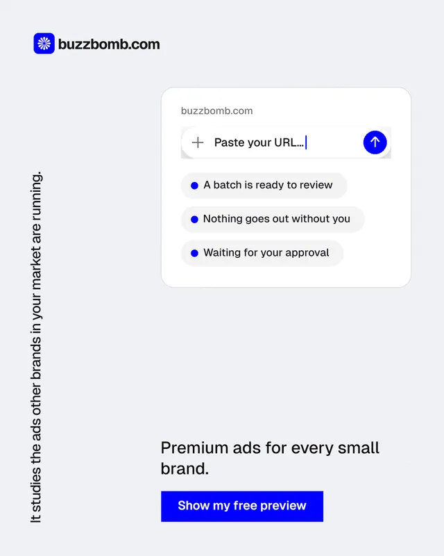 Instagram portrait post for BuzzBomb: "It studies the ads other brands in your market are running." Swiss style, vertical layout, light palette in white, blue.